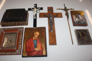 A box of vintage Ecclesiastical items including Cr