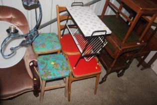 Three retro stools; a bentwood ladder back chair a