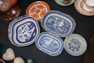 Four various Chinese blue and white dishes and an