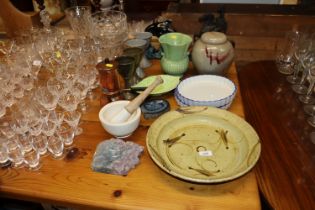 Four pottery goblets, a Lanarth Pottery bowl, a gl