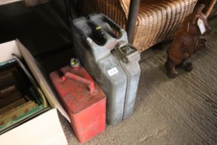 A metal 20 litre jerry can and a metal 2 gallon fu