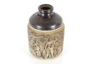 A pottery and silver mounted hat pin jar, the body decorated with a continuous Bacchanalian type