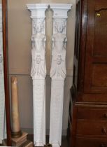 A pair of carved and white painted wooden Caryatids pillars, Provenance - removed from Bawdsey