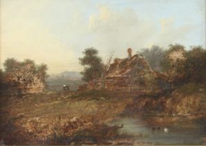 Charles Morris Snr., landscape study with a duckpond near a cottage, signed oil on panel in a gilt