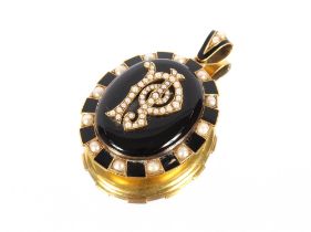 A 15ct gold and Mercury gilded locket pendant with pearl and seed pearl decoration, monogrammed