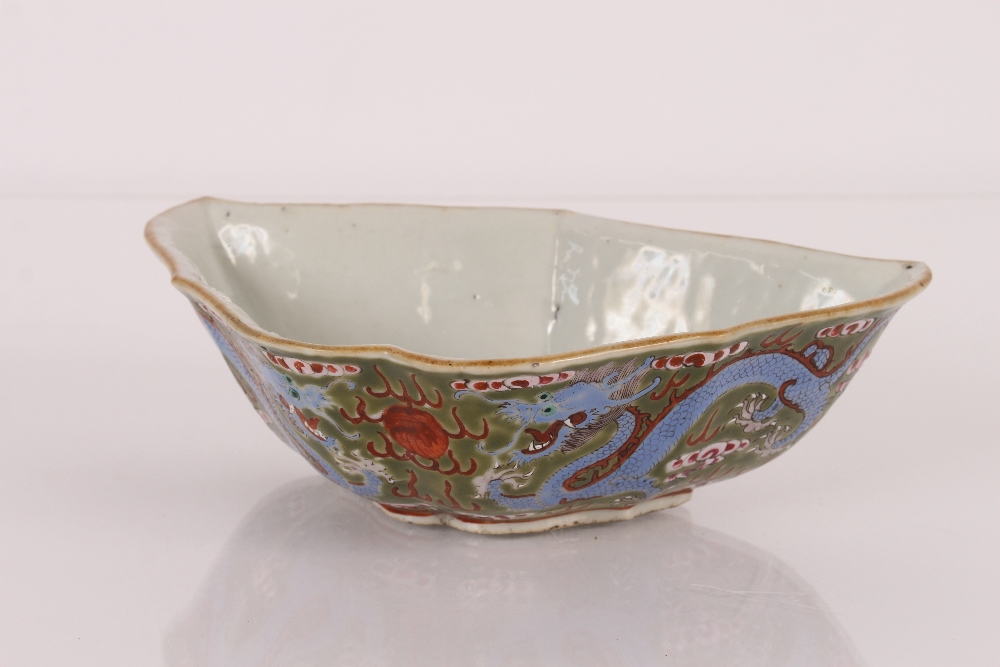An unusual 19th Century Chinese porcelain bat shaped bowl, painted with five clawed dragons, flaming - Image 4 of 16