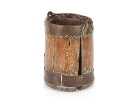 An antique wooden and copper mounted grain measure, with swing handle possibly Spanish, 19cm high