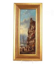 V Rezia, a view of the town of Bruges on a market day, oil on board, signed and inscribed verso,