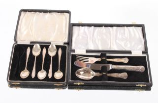 A silver plated Christening set and five silver teaspoons