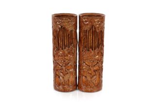 A pair of Chinese bamboo brush pots, with carved decoration, 33cm high