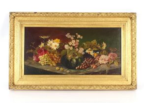 W. Penk, still life of fruit and flowers on a table top, oil on canvas signed and dated 1912, 30cm x