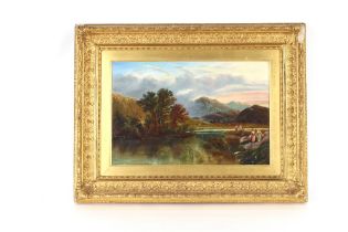 Scottish school, 19th Century, an extensive mountainous river landscape with a figure fishing,