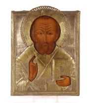 A 19th Century Russian icon of St Nicholas painted on wood panel, covered in a metal Oklad, 24.5cm x