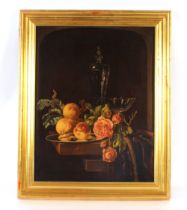 French school, circa 1920, still life study of peaches and roses on a silver platter, unsigned oil