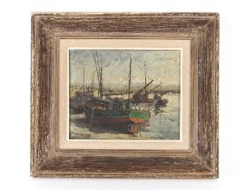 L. Houël, study of fishing vessels in a harbour, signed oil on canvas, 21cm x 29cm