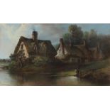 E.R. Smyth, study of cottages by a river, with figure drawing water, signed coloured chalk and