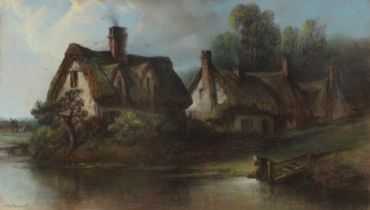 E.R. Smyth, study of cottages by a river, with figure drawing water, signed coloured chalk and