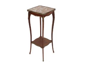 A French walnut marble and gilt metal mounted two tier plant stand, raised on shaped supports,