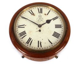 A George VI mahogany cased wall clock, having single fuseé movement, stamped to the back S.M.&C.