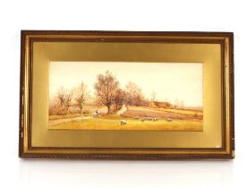 J. Matthews, rural study with sheep, horse and rider at a farm at West Clandon, Surrey, signed