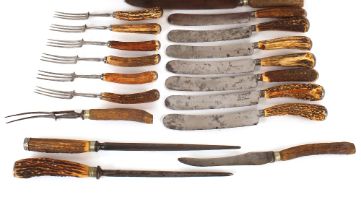 Seven antique antler horn handled steel bladed knives, stamped W&R Shear Steel; six matching horn