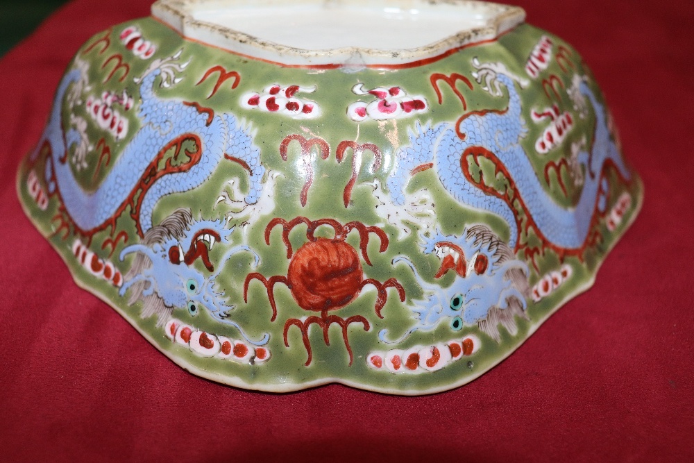 An unusual 19th Century Chinese porcelain bat shaped bowl, painted with five clawed dragons, flaming - Image 6 of 16