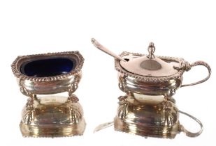 A silver mustard pot and matching salt, Birmingham 1950; and an unassociated condiment spoon