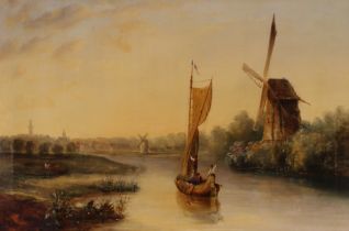 19th Century school, study of a wherry on the Norfolk Broads, windmills and town in the far