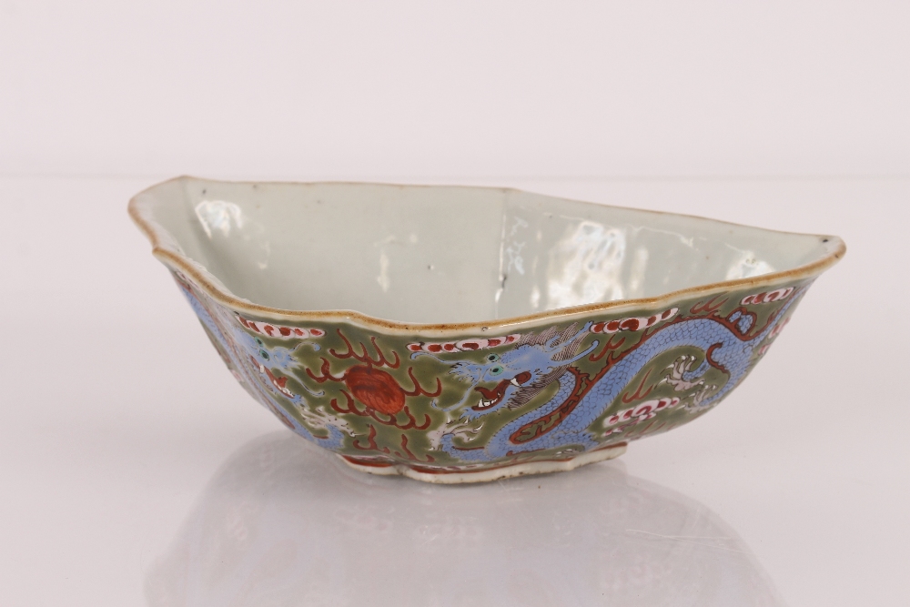 An unusual 19th Century Chinese porcelain bat shaped bowl, painted with five clawed dragons, flaming - Image 3 of 16