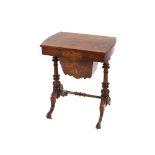 A Victorian burr walnut and inlaid sewing  table, the hinged lid opening to reveal compartments