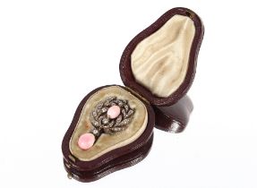 A cased diamond and pink stone set pendant brooch