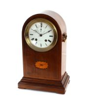An early 20th Century mahogany and inlaid mantel clock by Potnie of Paris, circular enamel dial with