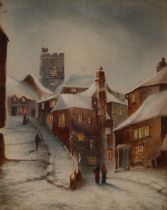 19th Century school study of a snow bound street scene, unsigned watercolour, 21.5cm x 17cm