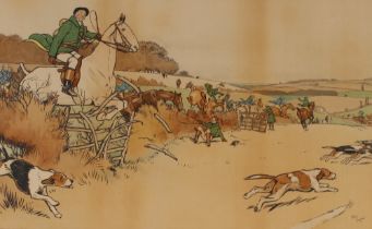 Cecil Aldin, six humorous coloured hunting prints, of The Harefield Harriers, "The Old Fence", "