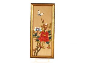 Four Oriental paintings on silk, depicting birds and blossom, 33cm x 13cm