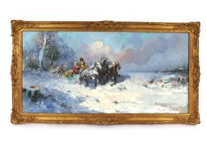 Russian school, circa 1900 "Horse Drawn Troika in the Snow", oil on canvas indistinctly signed, 57cm