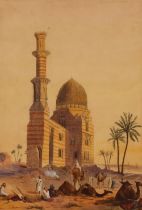 19th Century school, study of Bedouins beside a desert mosque, unsigned watercolour 39cm x 27cm