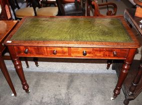 A Victorian mahogany writing table, with green leather inset top and two drawers below, raised on
