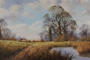 Peter J. Greenhill, rural study with river and fields, signed oil  on canvas, 50cm x 75cm