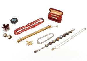 A quantity of various costume jewellery including a silver and enamel leaf brooch, a coral