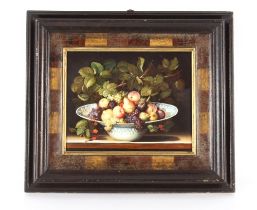 Ida Calzolari born 1936, a still life study of a bowl of mixed fruit on a table, oil on copper,