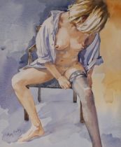 Mary Gundry, "Black Stocking", signed watercolour, 41cm x 34cm in gilt frame