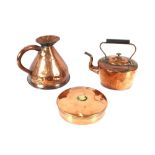 An antique copper gallon jug; a copper kettle; and