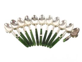 Ten silver and New Zealand jade handled teaspoons