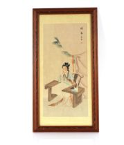 A pair of Chinese watercolours, depicting in interiors, 58cm x 27cm