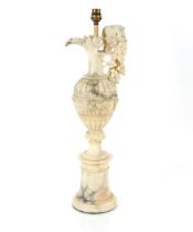 An early 20th Century alabaster table lamp of ewer form, 61cm high overall