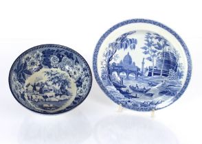 A 19th Century blue and white transfer printed shallow bowl, decorated river scenes; and a blue