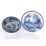A 19th Century blue and white transfer printed shallow bowl, decorated river scenes; and a blue