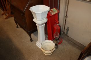 A white glazed jardiniere on stand; another jardin