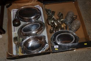 Two boxes of various silver plated ware to include